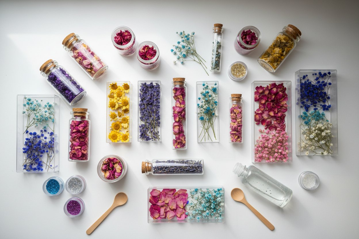 containers of dried flowers for resin craft