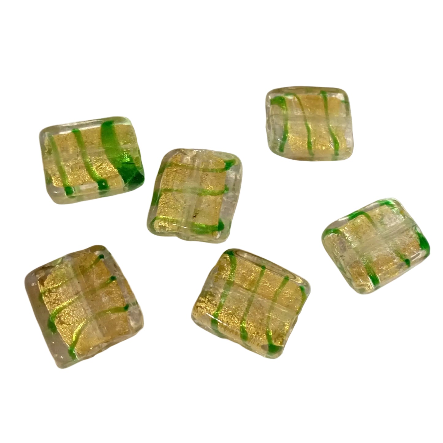 6pc 15mm Clear Gold & Green Sq. Lampwork Beads