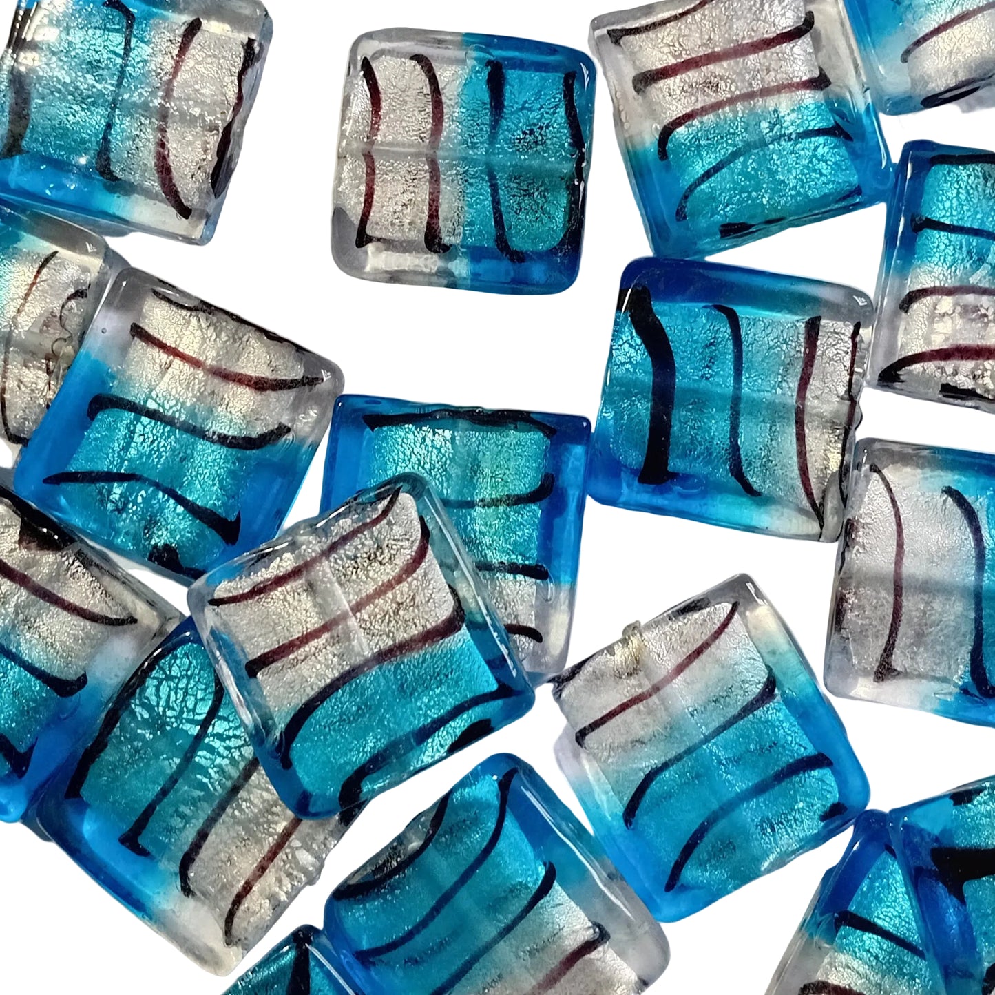 1pc 25mm Blue, Silver & Black Sq. Lampwork Bead