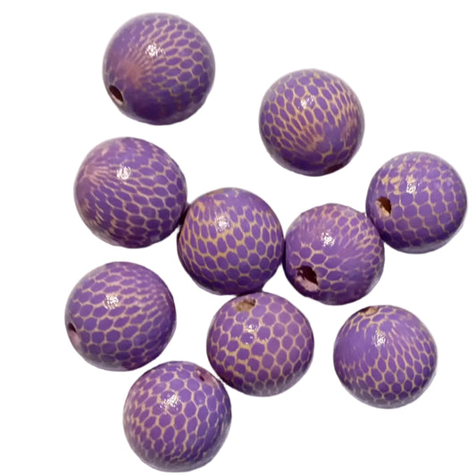 10pc 20mm Purple Wooden Round Snakeskin Beads