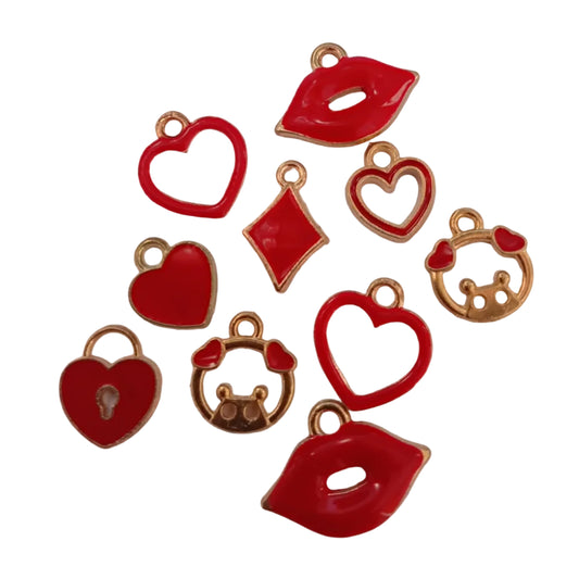 10pc Gold Enamel Cute Red Charms