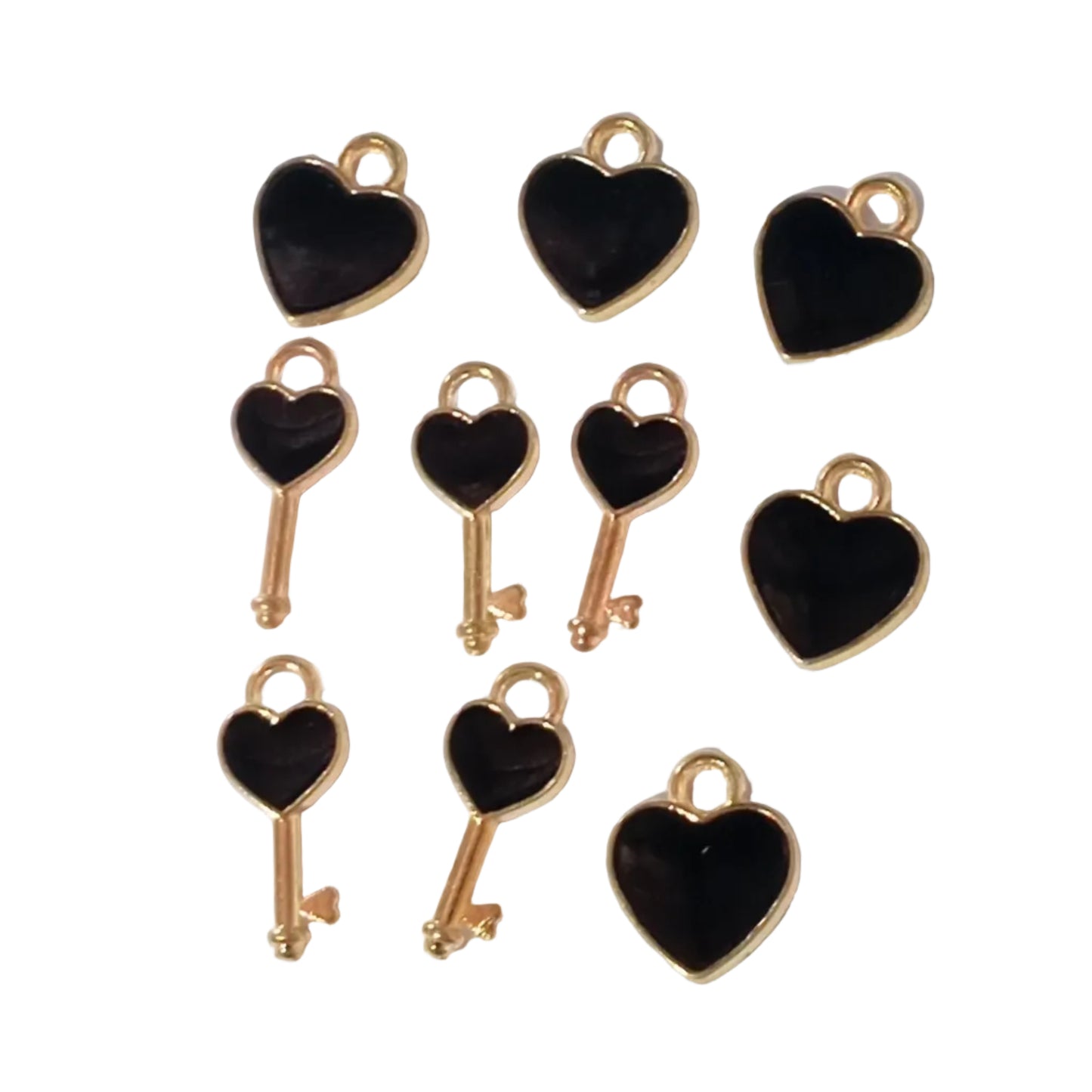10pc  Gold Black Enamel Heart & Heart Key Charms
