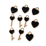 10pc  Gold Black Enamel Heart & Heart Key Charms