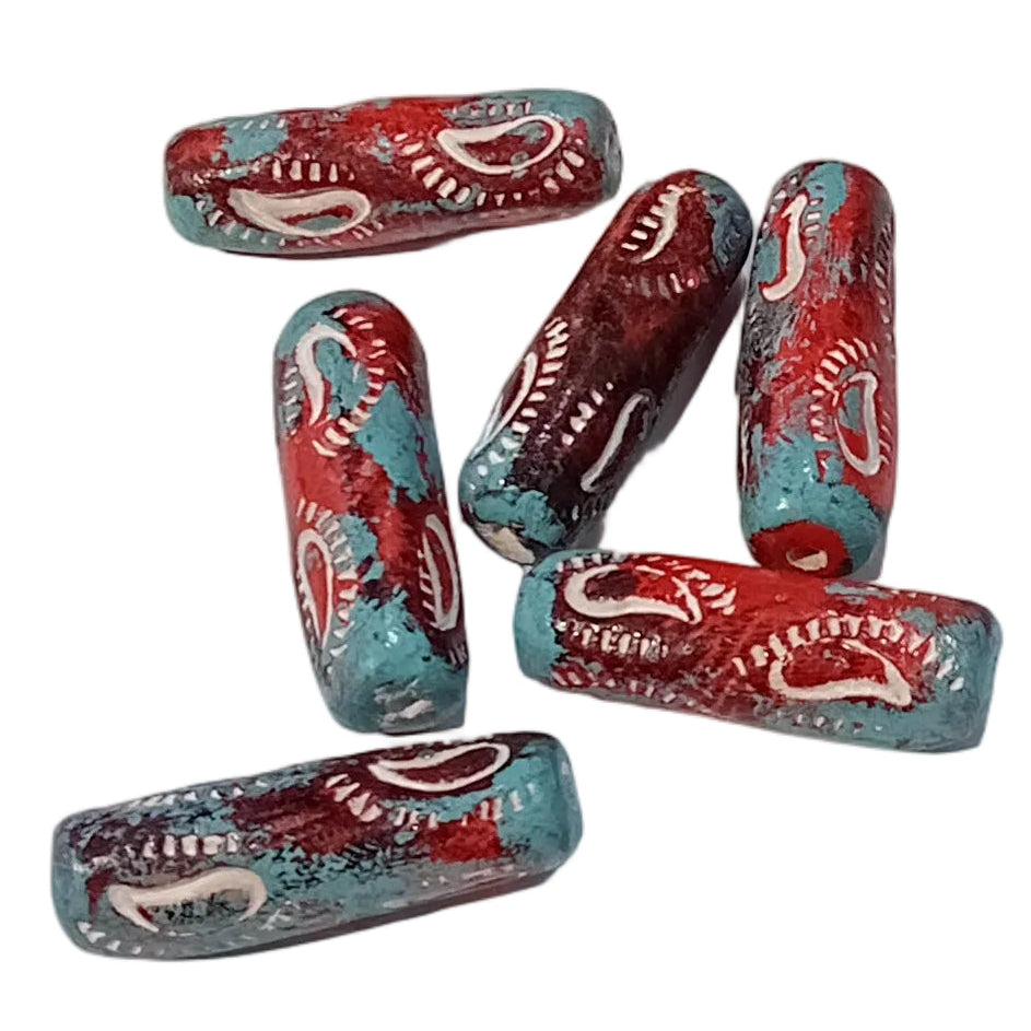 2pc Blue & Red Long Barrel Beads
