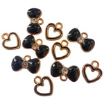10pc Gold Black Enamel Bow & Mini Heart Charms
