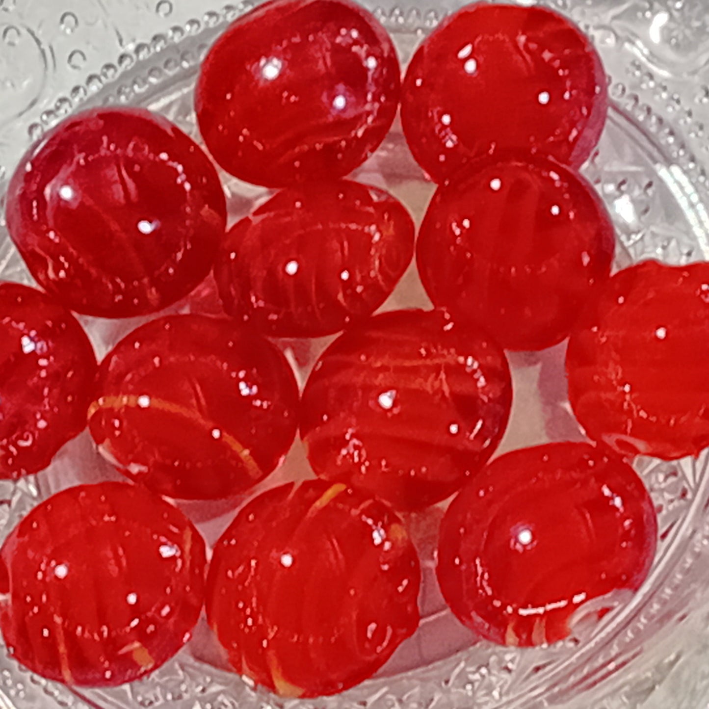 12pc Red Glass Beads With Orange & White Swirls