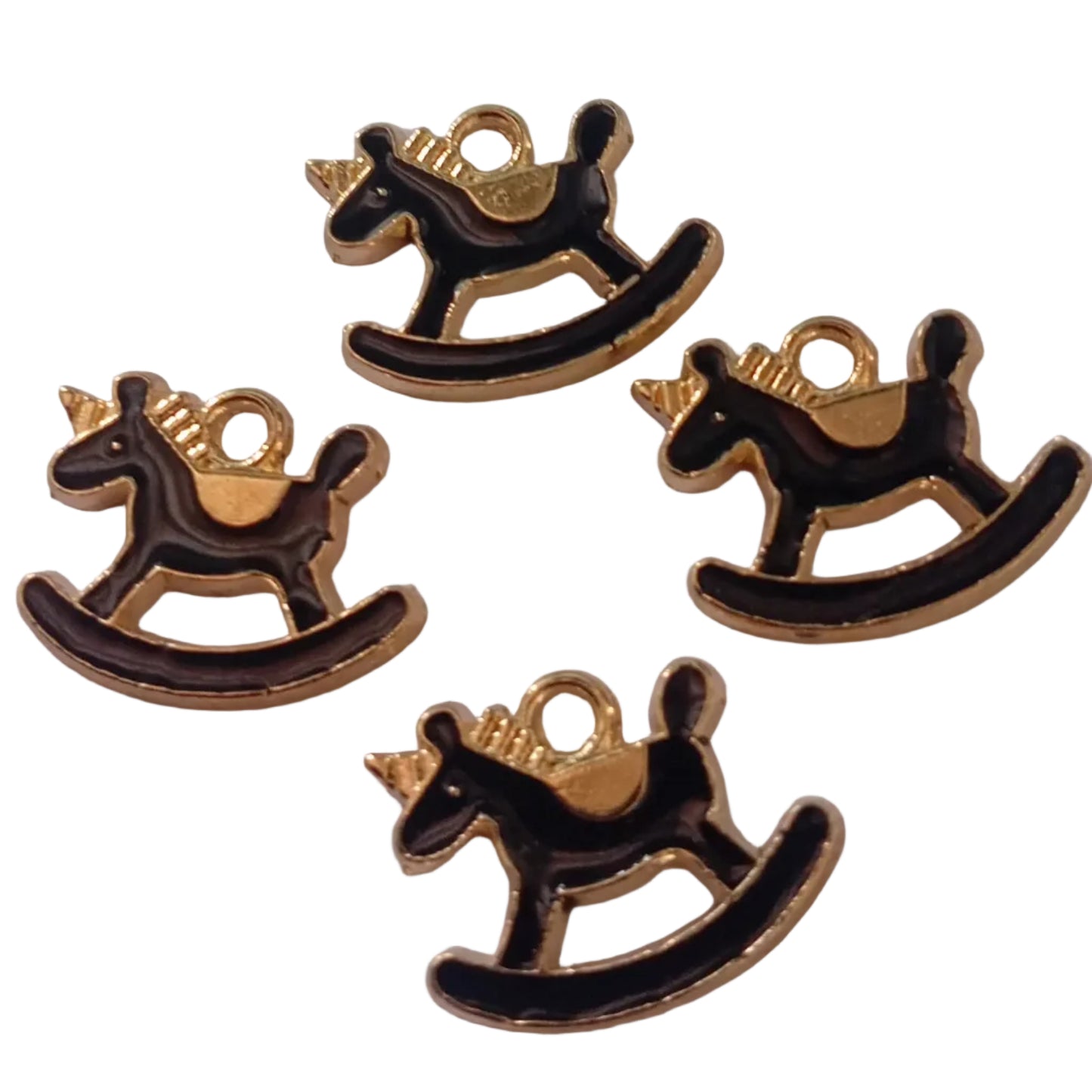 4pc Gold Black Enamel Rocking Horse Charms
