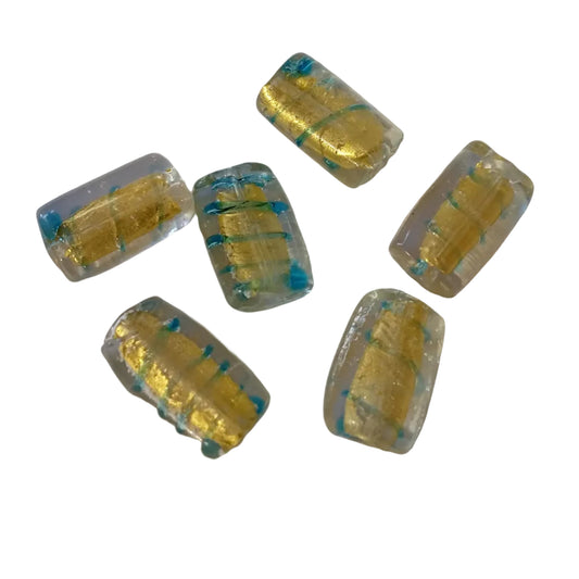 6pc 18mm Clear, Blue & Gold Rectangle Lampwork Beads