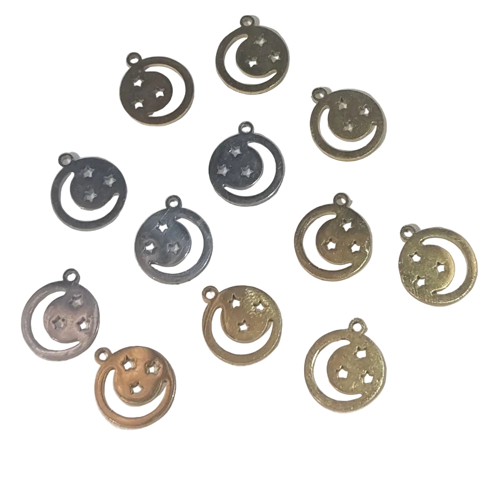 12pc Stainless Steel Moon & Stars Round Charm Pendants