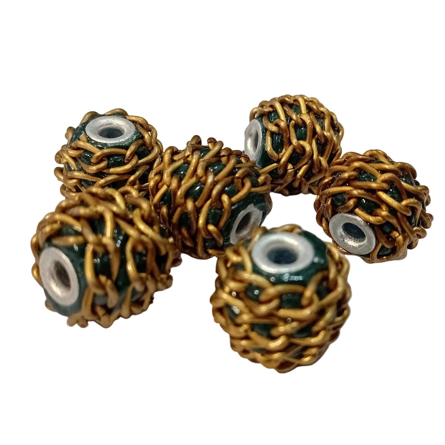 6pc Dark Green Wire Woven Kashmiri Beads