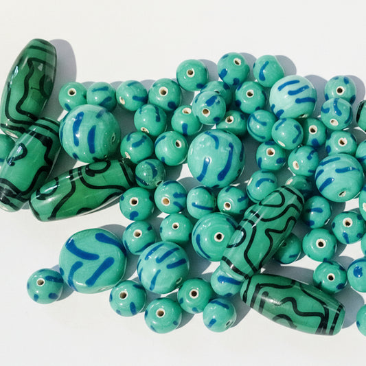 100g Blue Patterned  Lampwork Beads