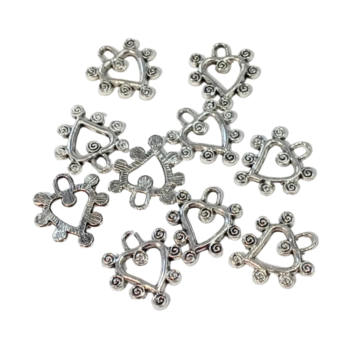 10pc Silver Heart Charms With Spirals