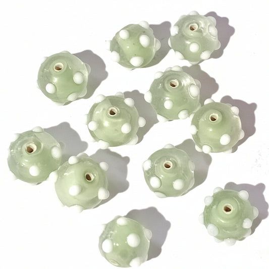 11pc Green & White Lampwork Beads