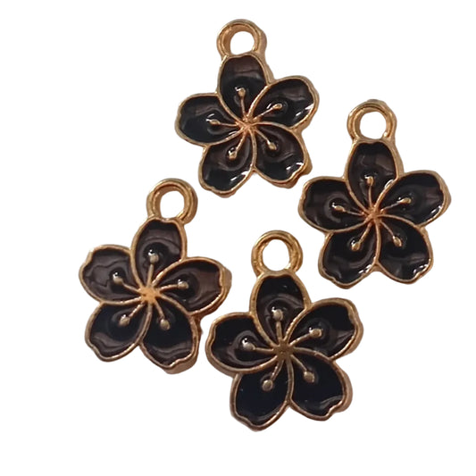 4pc Gold Black Enamel Flower Charms