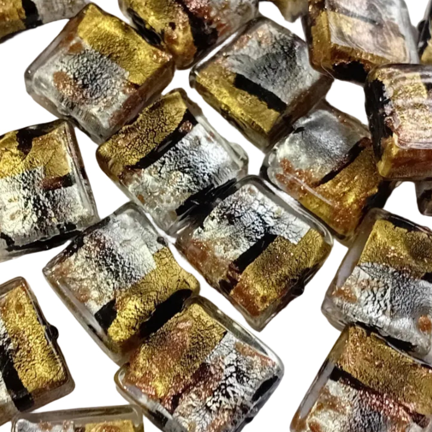 6pc 15mm Clear Silver & Black Sq. Lampwork Beads
