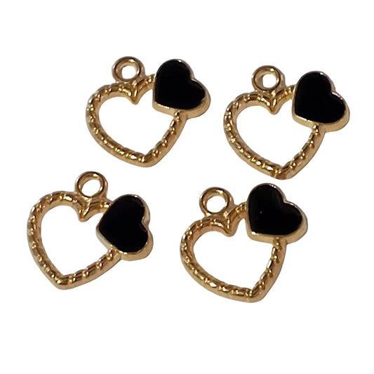 4pc Gold Heart With Enamel Black Heart Charms