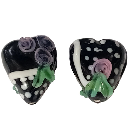 2pc Black & White Floral Lampwork Beads