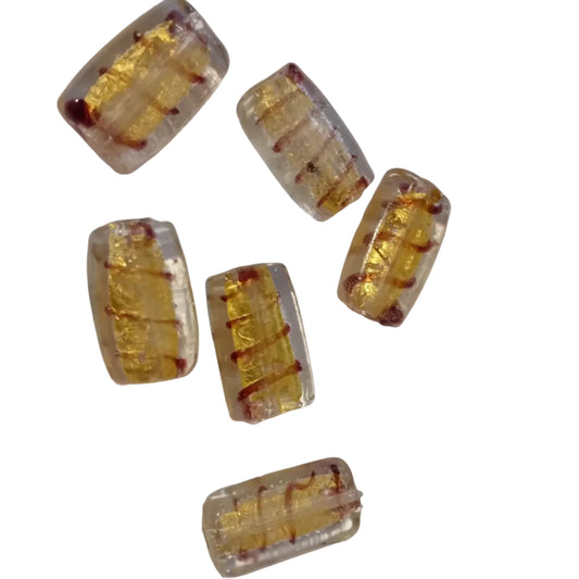 6pc 18mm Clear, Brown & Gold Rectangle Lampwork Beads