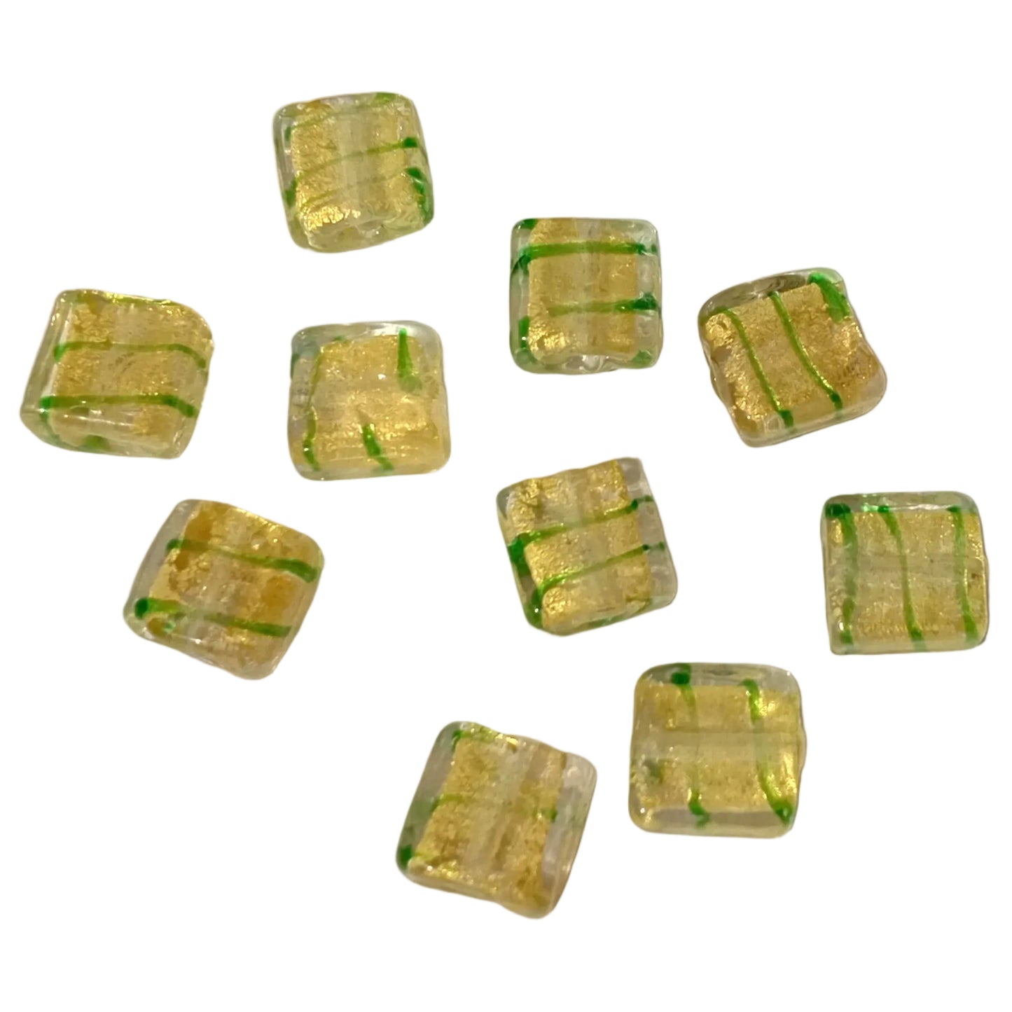 10pc 12mm Clear Gold & Green Sq. Lampwork Beads