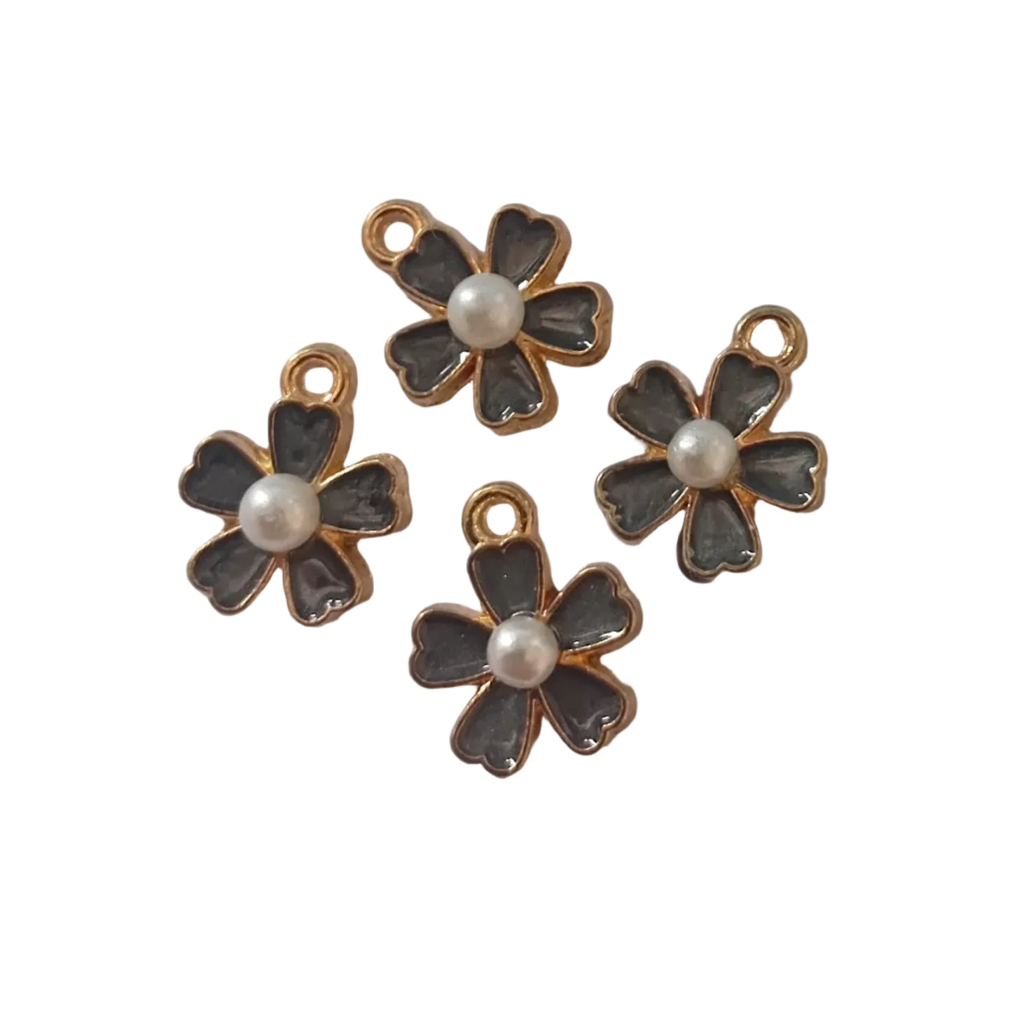 4pc Gold Grey Enamel Flower Charms With Pearls
