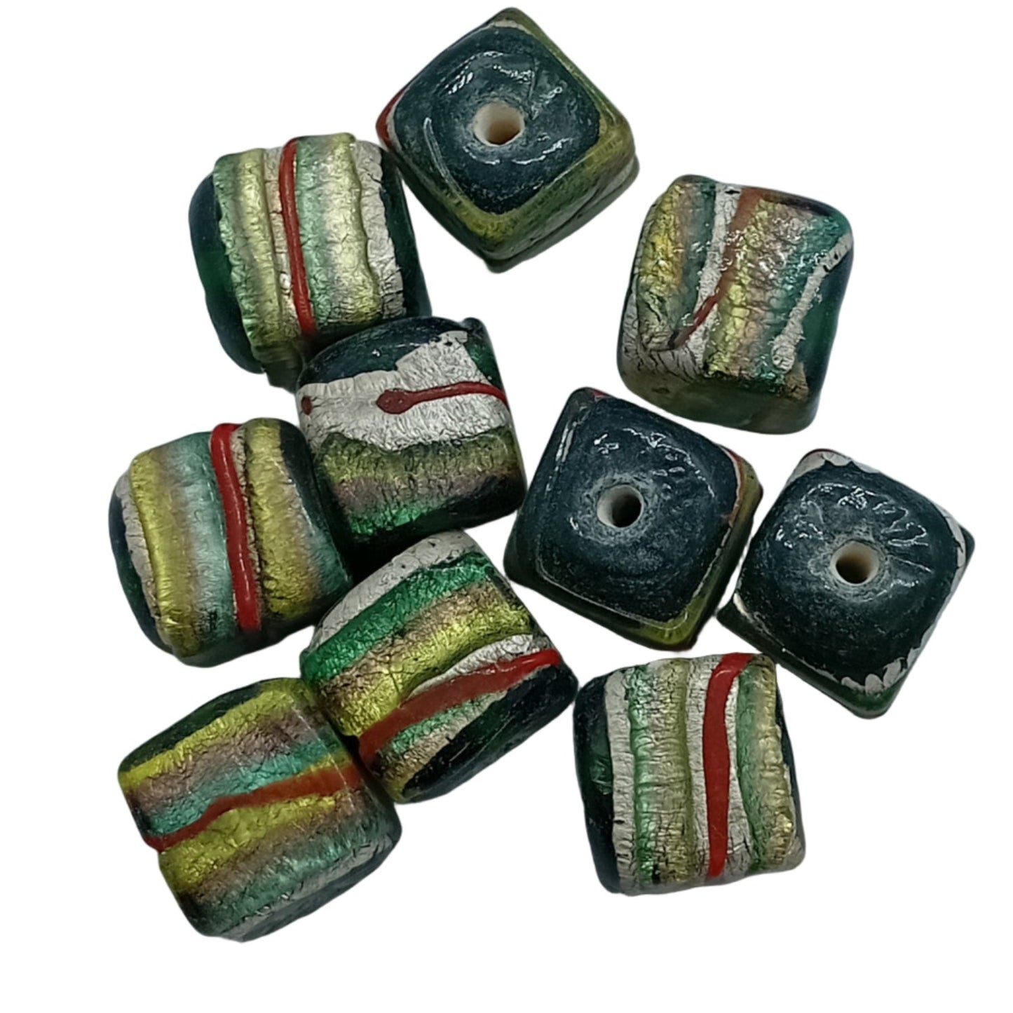 10pc Green Lampwork Beads With Stripes