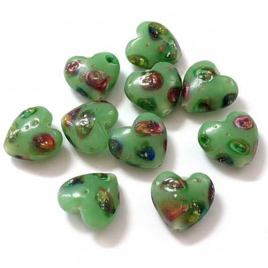 2pc Green Patterned Heart Lampwork Beads