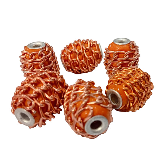 6pc Orange Oval Wire Woven Kashmiri Beads