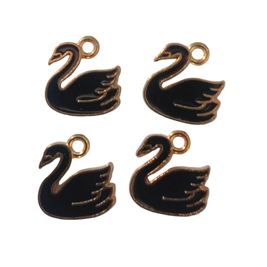 4pc Gold Black Enamel Swan Charms