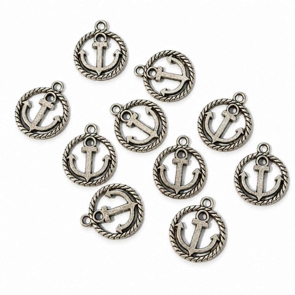 10pc Silver Anchor In A Round Charms