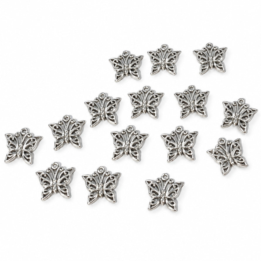 15pc Silver Butterfly Charms